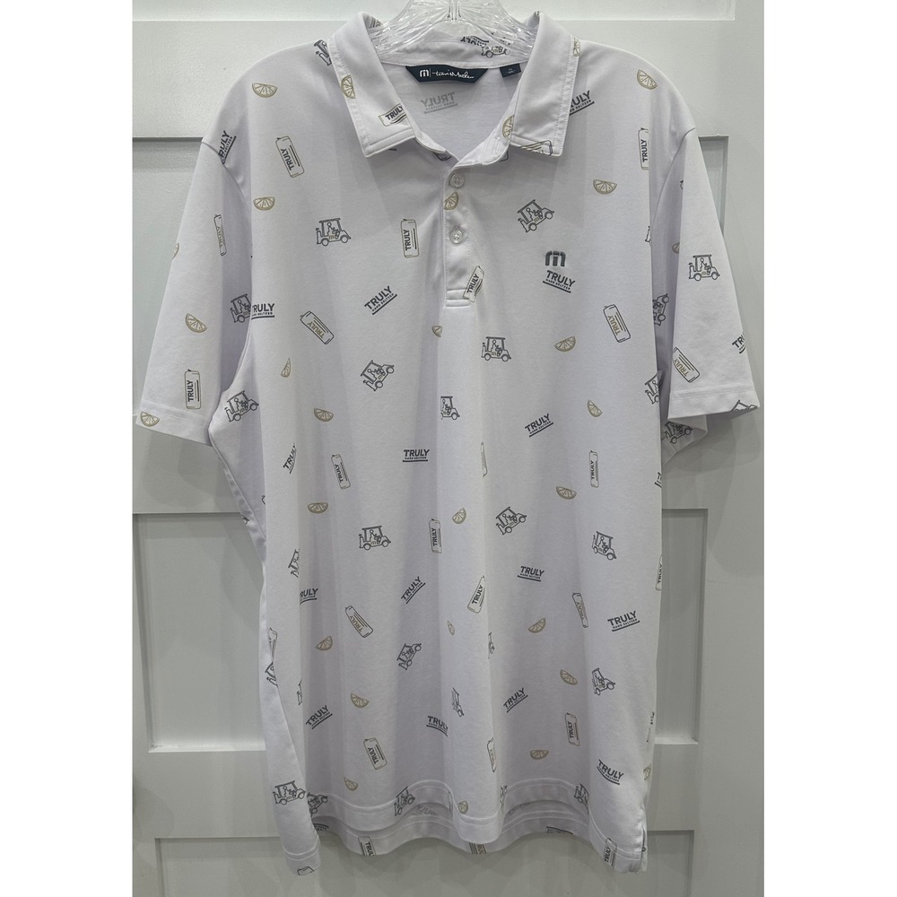 TravisMathew Truly Hard Seltzer Golf Polo Shirt Mens XL White All Over Print